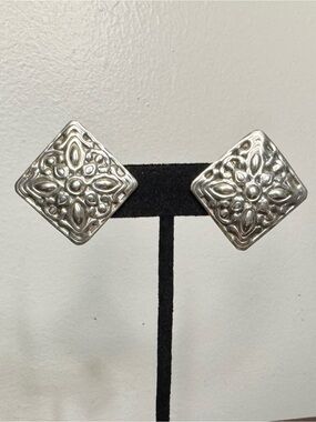 Sterling Silver Embossed Floral Square Clip-on Earrings